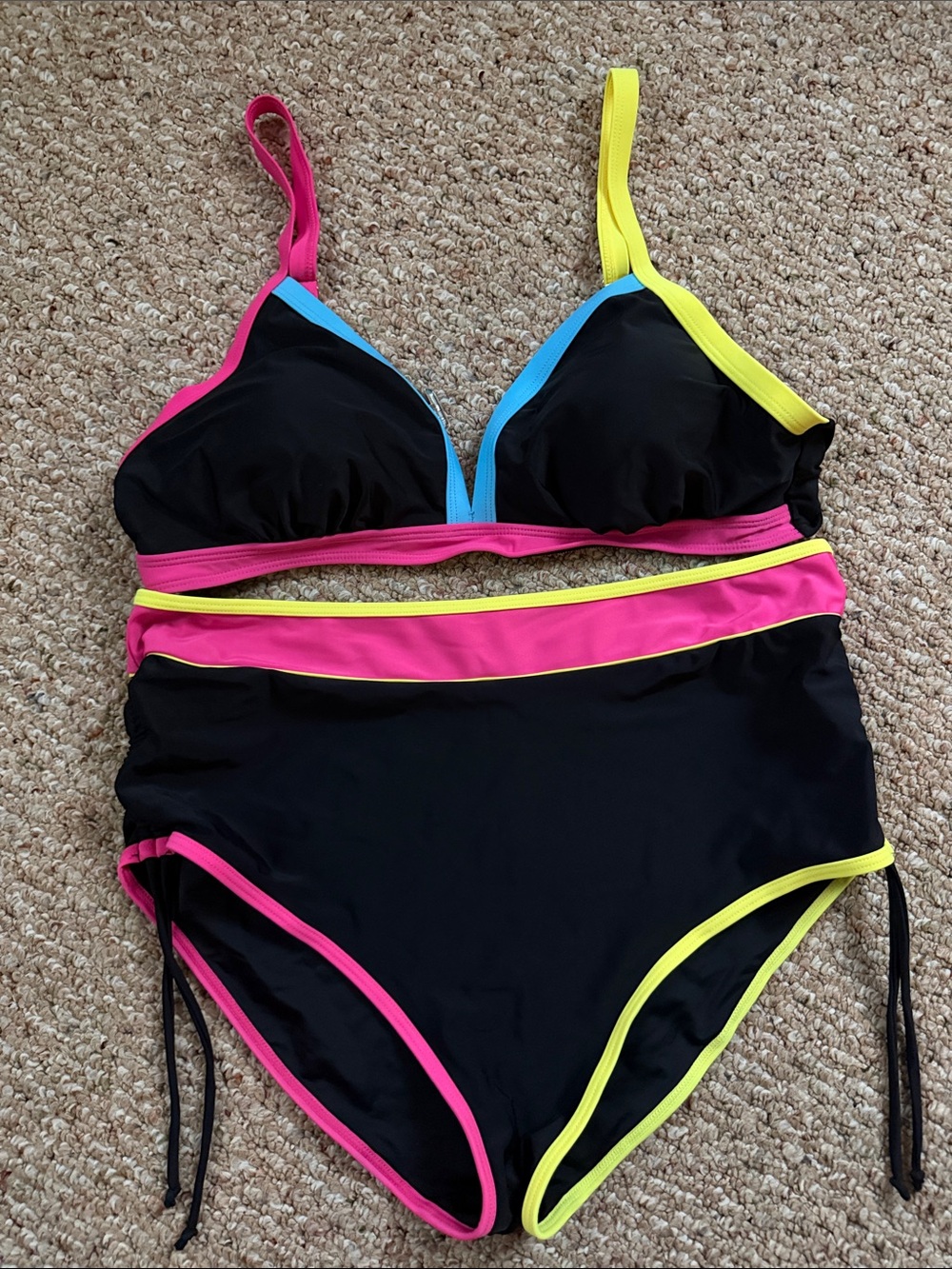 Modlily Black Colorblock High-Waist Bikini with Pink and Yellow Trim -Never Worn